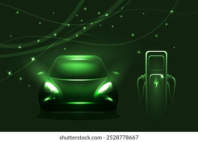 Green glow electric car silhouette, charging on the station. Green neon glowing EV vehicle filling up a battery. Modern hybrid car.