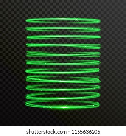Green glow light circles or sparkling spring. Vector abstract shiny spiral trail of neon shine with glittery effect