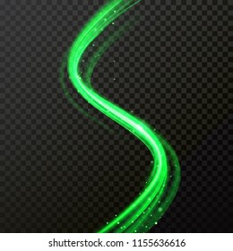 Green glow light trail of comet wave trace with vector shiny neon particles