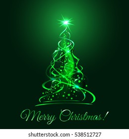 Green glow xmas tree, elegant abstract christmas fir illustration with balls and ribbons, vector template