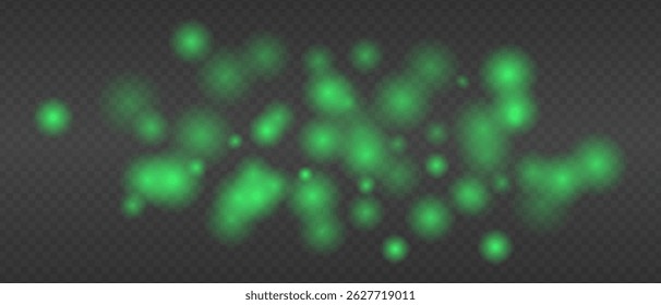 Green glowing blur clusters with soft edges and bokeh effect. Abstract light particles on transparent background for digital fire or heat simulation.