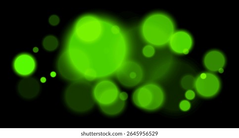 Green glowing bokeh with layered circle particles and blur effect on black backdrop. Creates a dramatic, energetic visual for digital compositions.