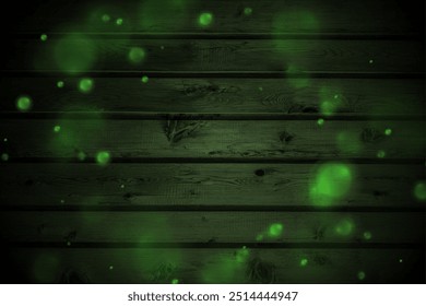 Green glowing bokeh lights on dark wooden wall abstract background. Vector neon design