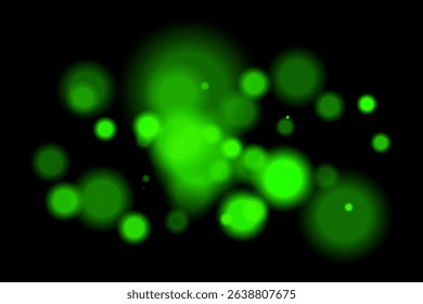 Green glowing bokeh. Multiple soft circles of vibrant green with blur and glow on dark background. Fits energy, digital, nature-inspired abstract visuals.