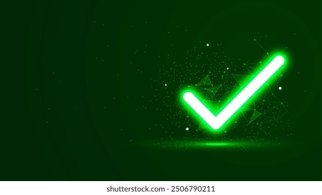 Grünes leuchtendes Häkchen mit Plexuslinien und Glitzerpartikeln. Symbol im Neonlichtstil ankreuzen. 3D abstrakter Low-Poly-Kopienraum auf dunklem Hintergrund