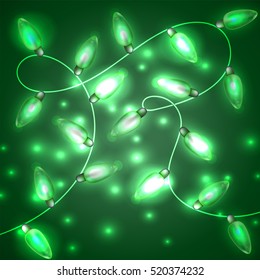 Green Glowing Christmas Lights.Vector decoration can be used as backdrop for new Year decoration. Holiday Illustration, luminous electric garland, shiny light bulbs and wire.