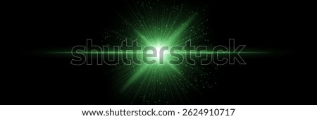 Green glowing core with radial beams and particles, light flare extends horizontally on dark backdrop. Depicts sci-fi explosion, cosmic pulse, digital star effect.