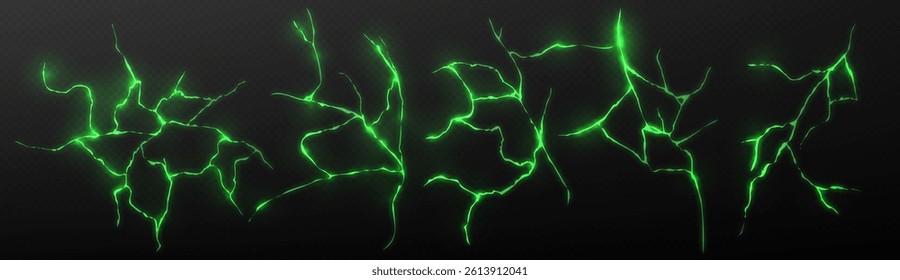 Green glowing cracks and earthquake fissures with luminous effect. Neon fractured earth texture, bright seismic rifts. Vibrant toxic waste leaks with radioactive substance. Shiny energy beams.