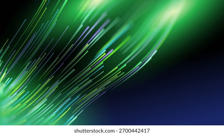 Green Glowing Dots Wave Lines Abstract Background. Futuristic Energy Flow, Digital Tech, Data Stream Design, Sustainable Renewable Energy Presentation Backdrop. Green Tech and Science Vector.