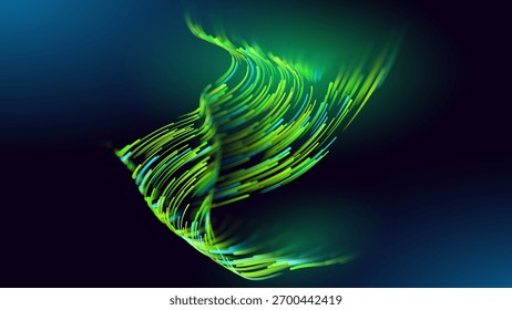 Green Glowing Dots Wave Lines Abstract Background. Futuristic Energy Flow, Digital Tech, Data Stream Design, Sustainable Renewable Energy Presentation Backdrop. Green Tech and Science Vector.