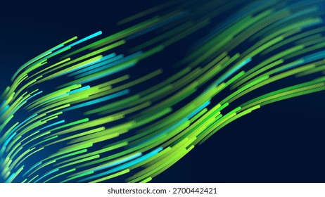 Green Glowing Dots Wave Lines Abstract Background. Futuristic Energy Flow, Digital Tech, Data Stream Design, Sustainable Renewable Energy Presentation Backdrop. Green Tech and Science Vector.