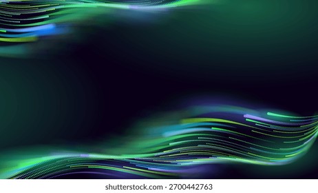 Green Glowing Dots Wave Lines Abstract Background. Futuristic Energy Flow, Digital Tech, Data Stream Design, Sustainable Renewable Energy Presentation Backdrop. Green Tech and Science Vector.