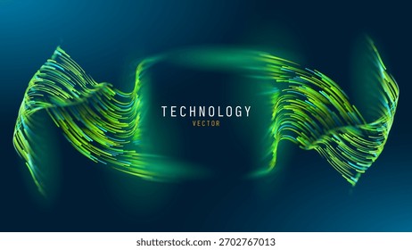 Fondo Abstractas de líneas de onda de puntos brillantes verdes. Flujo de energía futurista, tecnología digital, diseño de flujo de datos, presentación de energía renovable sostenible. Tecnología verde y Vector de Ciencia.