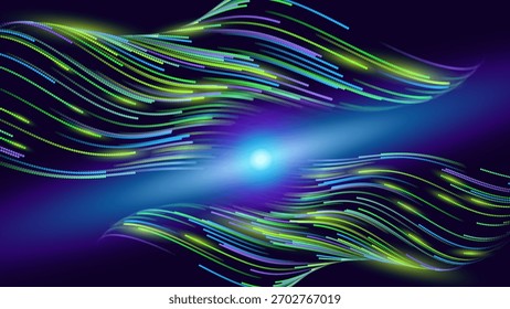Green Glowing Dots Wave Lines Abstract Background. Futuristic Energy Flow, Digital Tech, Data Stream Design, Sustainable Renewable Energy Presentation Backdrop. Green Tech and Science Vector.