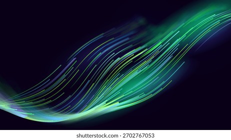 Green Glowing Dots Wave Lines Abstract Background. Futuristic Energy Flow, Digital Tech, Data Stream Design, Sustainable Renewable Energy Presentation Backdrop. Green Tech and Science Vector.