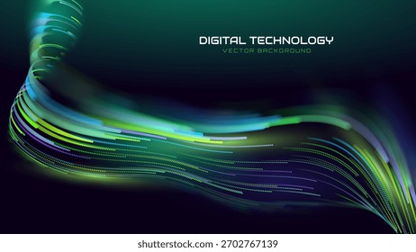 Green Glowing Dots Wave Lines Abstract Background. Futuristic Energy Flow, Digital Tech, Data Stream Design, Sustainable Renewable Energy Presentation Backdrop. Green Tech and Science Vector.
