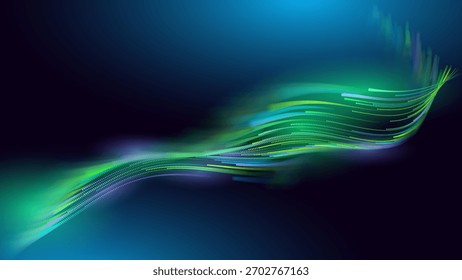 Green Glowing Dots Wave Lines Abstract Background. Futuristic Energy Flow, Digital Tech, Data Stream Design, Sustainable Renewable Energy Presentation Backdrop. Green Tech and Science Vector.