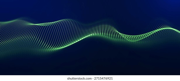 Green Glowing Dots Wave Lines Abstract Background. Futuristic Energy Flow, Digital Tech, Data Stream Design, Sustainable Renewable Energy Presentation Backdrop. Green Tech and Science Vector.
