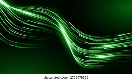 Green Glowing Dots Wave Lines Abstract Background. Futuristic Energy Flow, Digital Tech, Data Stream Design, Sustainable Renewable Energy Presentation Backdrop. Green Tech and Science Vector.
