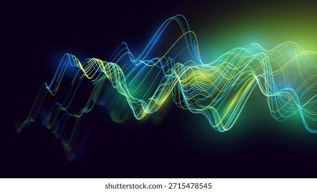 Green Glowing Dots Wave Lines Abstract Background. Futuristic Energy Flow, Digital Tech, Data Stream Design, Sustainable Renewable Energy Presentation Backdrop. Green Tech and Science Vector.
