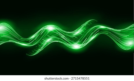 Green Glowing Dots Wave Lines Abstract Background. Futuristic Energy Flow, Digital Tech, Data Stream Design, Sustainable Renewable Energy Presentation Backdrop. Green Tech and Science Vector.
