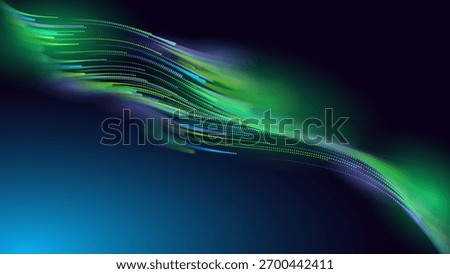 Green Glowing Dots Wave Lines Abstract Background. Futuristic Energy Flow, Digital Tech, Data Stream Design, Sustainable Renewable Energy Presentation Backdrop. Green Tech and Science Vector.