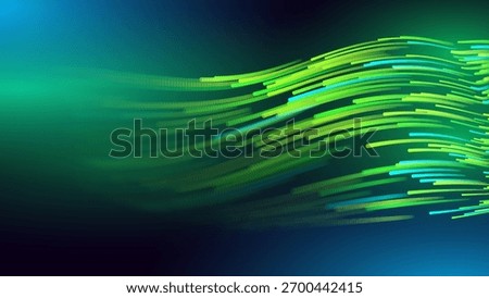 Green Glowing Dots Wave Lines Abstract Background. Futuristic Energy Flow, Digital Tech, Data Stream Design, Sustainable Renewable Energy Presentation Backdrop. Green Tech and Science Vector.