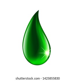 Green glowing drop, a drop of liquid on a white background. 