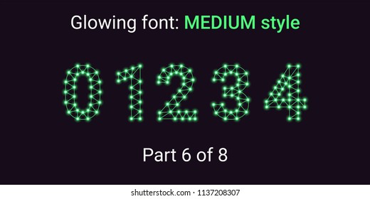 Green Glowing font in the Outline style. Vector Alphabet with Connections, Lines, Polygonal structure and Glowing knots. Medium style, part 6 with numbers 0 1 2 3 4