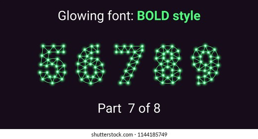 Green Glowing font in the Outline style. Vector Alphabet with Connections, Lines, Polygonal structure and Glowing knots. Bold style, part 7 with numbers 5 6 7 8 9