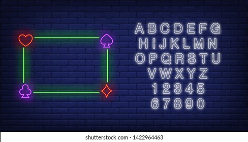 Green glowing frame neon sign. Gambling and poker club design. Vector illustration in neon style for casino templates, blackjack, light banners and billboards