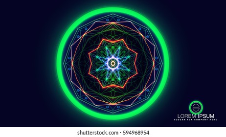 Green glowing futuristic mandala in space, dark  background