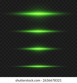 Green glowing horizontal rays of light, flash of lines. On a transparent background.