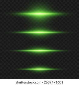 Green glowing horizontal rays of light, flash of lines. On a transparent background.