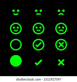 green glowing icon emotions face, emotional symbol and approval check sign button, fluorescent emotions faces and checkmark x or confirm and deny, button glowing flat for apps, icons checkmark shining