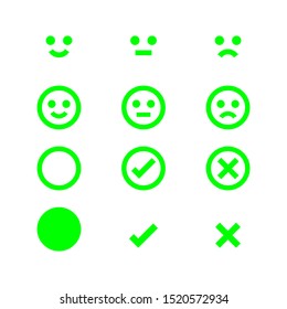green glowing icon emotions face, emotional symbol and approval check sign button, fluorescent emotions faces and checkmark x or confirm and deny, button glowing flat for apps, icons checkmark shining