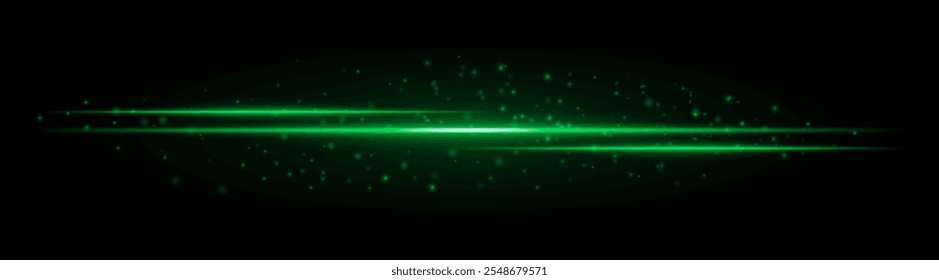Grün leuchtender Laserstrahl mit gestreuten Funkeneffekten auf dunklem Hintergrund, der eine futuristische und dynamische Atmosphäre schafft.