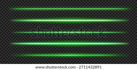 Green glowing laser line. Vector light effect, abstract speed rays. Neon divider background
