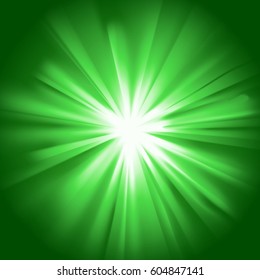 Grünes Licht. Hell leuchtender Stern. Explosion brennen. Transparentes Grafikdesign-Element. Farbiger Farbverlauf-Strahl. Glaring-Effekt mit Transparenz. Abstrakter leuchtender Funken. Vektorgrafik