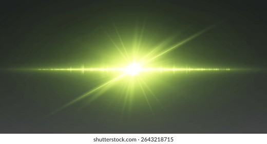 Green glowing light burst with horizontal flare and soft radial beams on dark background