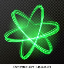 Green glowing light circles or spin twirl with star glow effect. Vector abstract shiny neon trace or spiral trail