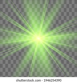 Green glowing light explodes on a transparent background. Sparkling magical dust particles. Bright Star. Transparent shining sun, bright flash. Vector sparkles. To center a bright flash