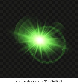 Estrella de luz verde brillante sobre un fondo negro. Sol brillante transparente, explosiones de estrellas y destellos brillantes. Comienza una brillante ilustración verde. 