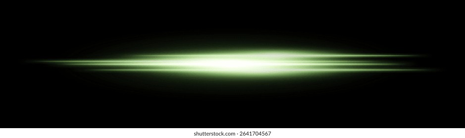 Green glowing light streak. Horizontal neon beam with smooth glow and layered flow on black background, fitting tech, motion or speed themes.