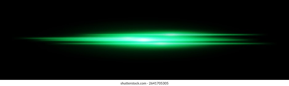 Green glowing light streak. Horizontal neon beam with smooth glow and layered flow on black background, fitting tech, motion or speed themes.