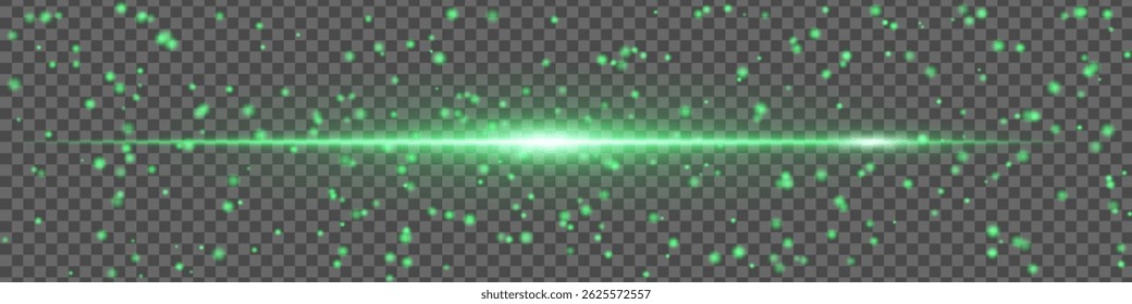 Green glowing light streak with spark particles on transparent background. Dynamic sci-fi effect for UI design and visual projects.