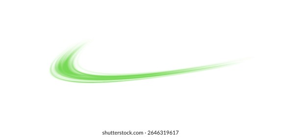 Green glowing light trail vector - green line effect, winding green path, wave , curved energy vortex, futuristic background on a transparent PNG background	
