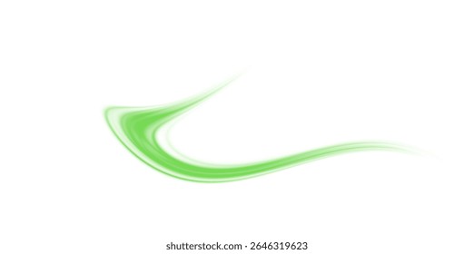Green glowing light trail vector - green line effect, winding green path, wave , curved energy vortex, futuristic background on a transparent PNG background	