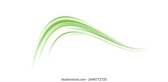 Green glowing light trail vector . Green line effect, winding green path, wave , curved energy vortex, futuristic background on a transparent PNG background	