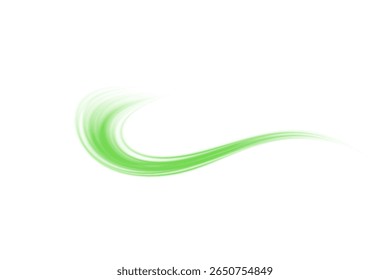 Green glowing light trail vector . Green line effect, winding green path, wave , curved energy vortex, futuristic background on a transparent PNG background